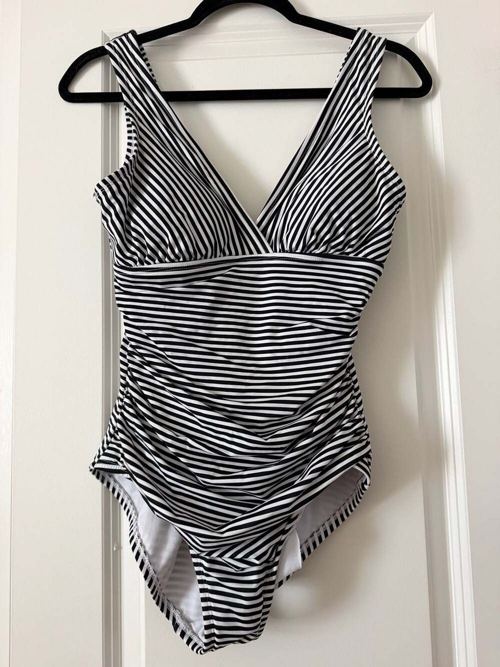 Miracle Brands Black and White Striped V-Neck Ruched One-Piece Swimsuit
